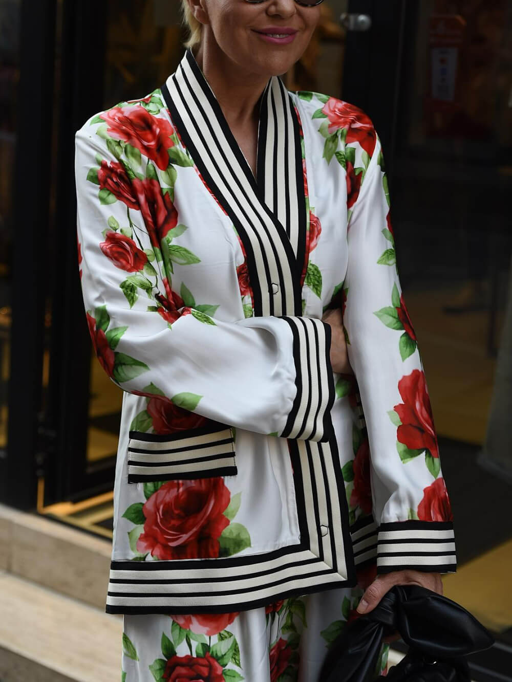 Exquisite Rose Print Ribbon-Trimmed Detail Loose Pocket Shirt