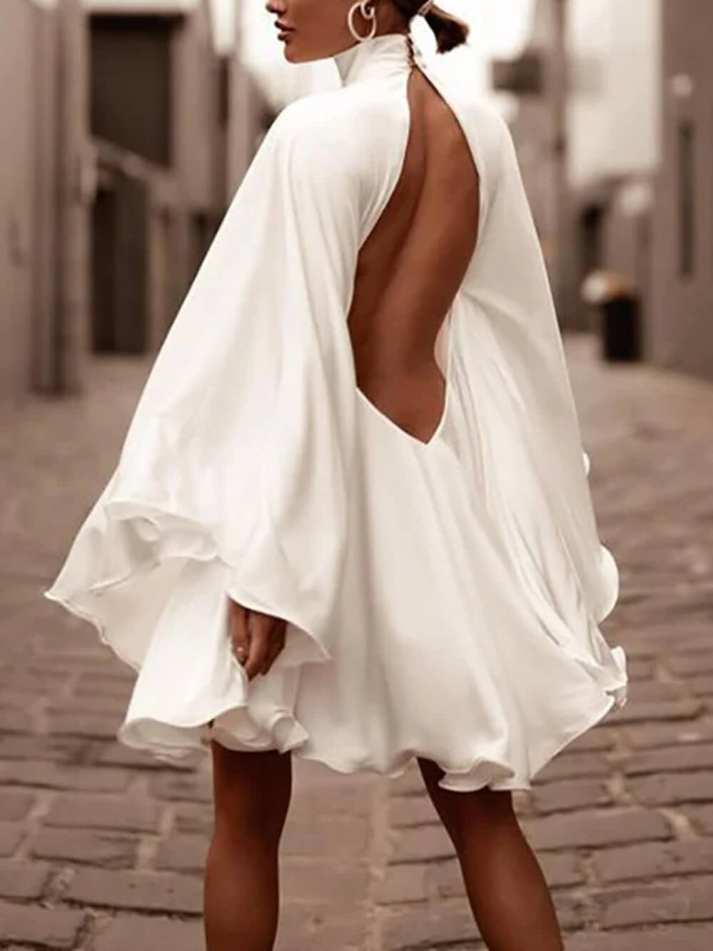 Elegant High-Neck Backless Bell-Sleeve Mini Dress