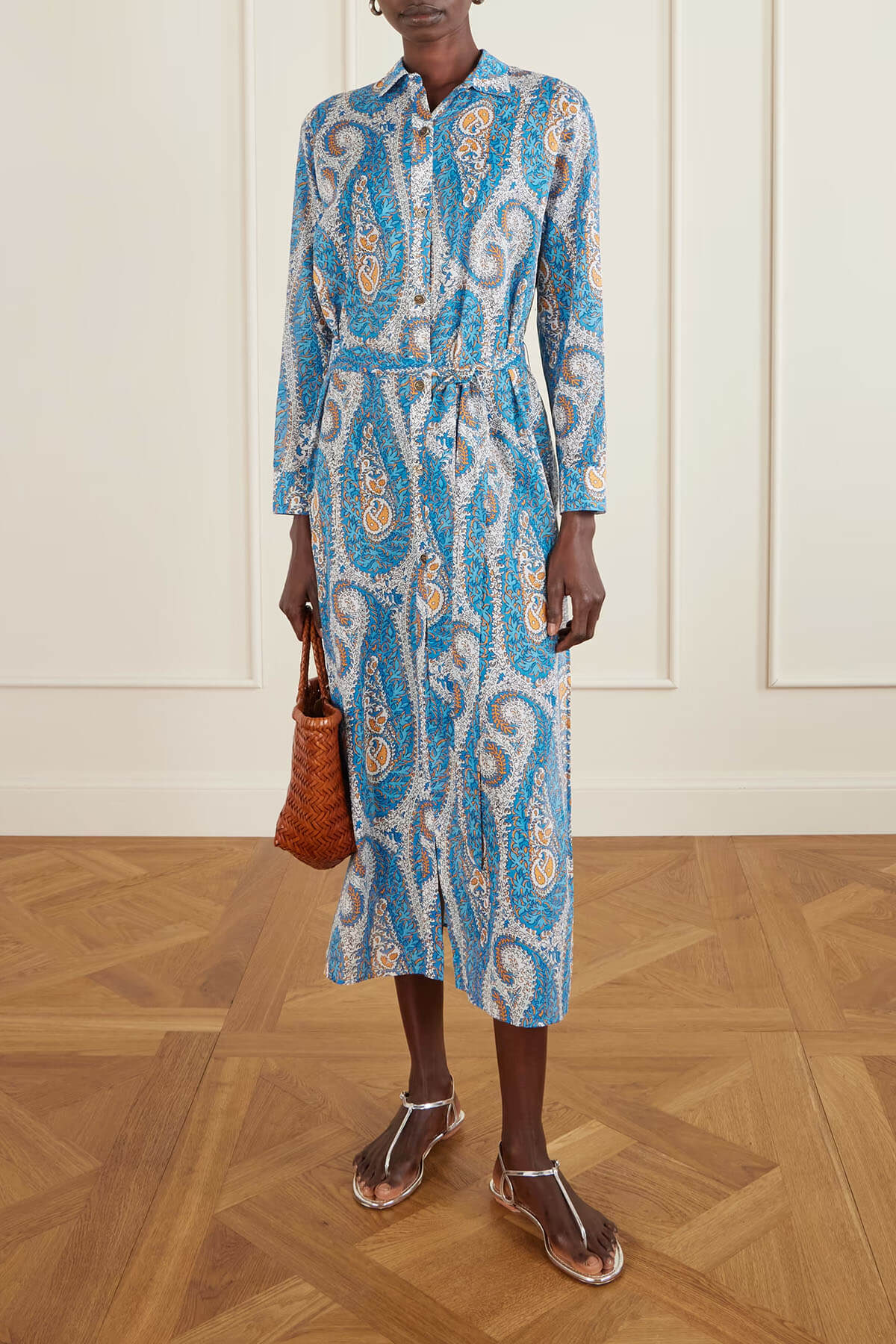 Unique Tie-Waist Paisley Print Midi Shirt Dress