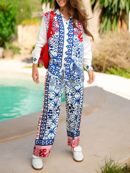 Unique Ethnic Print Loose Button-Up Shirt