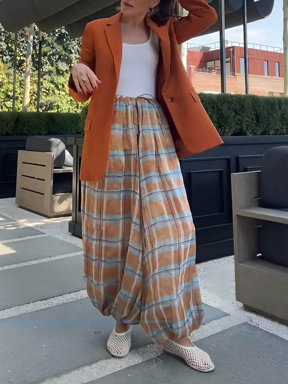 Unique Plaid Print Elastic Waist Tapered Lantern Pants