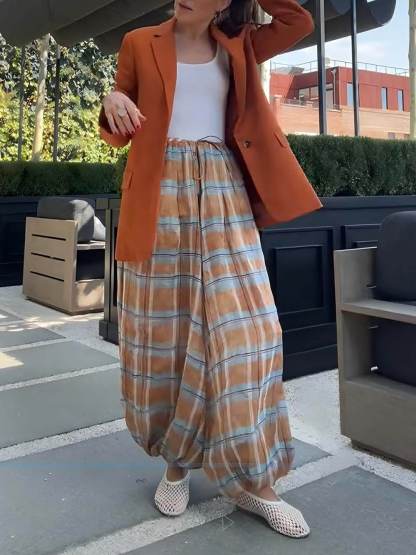 Unique Plaid Print Elastic Waist Tapered Lantern Pants