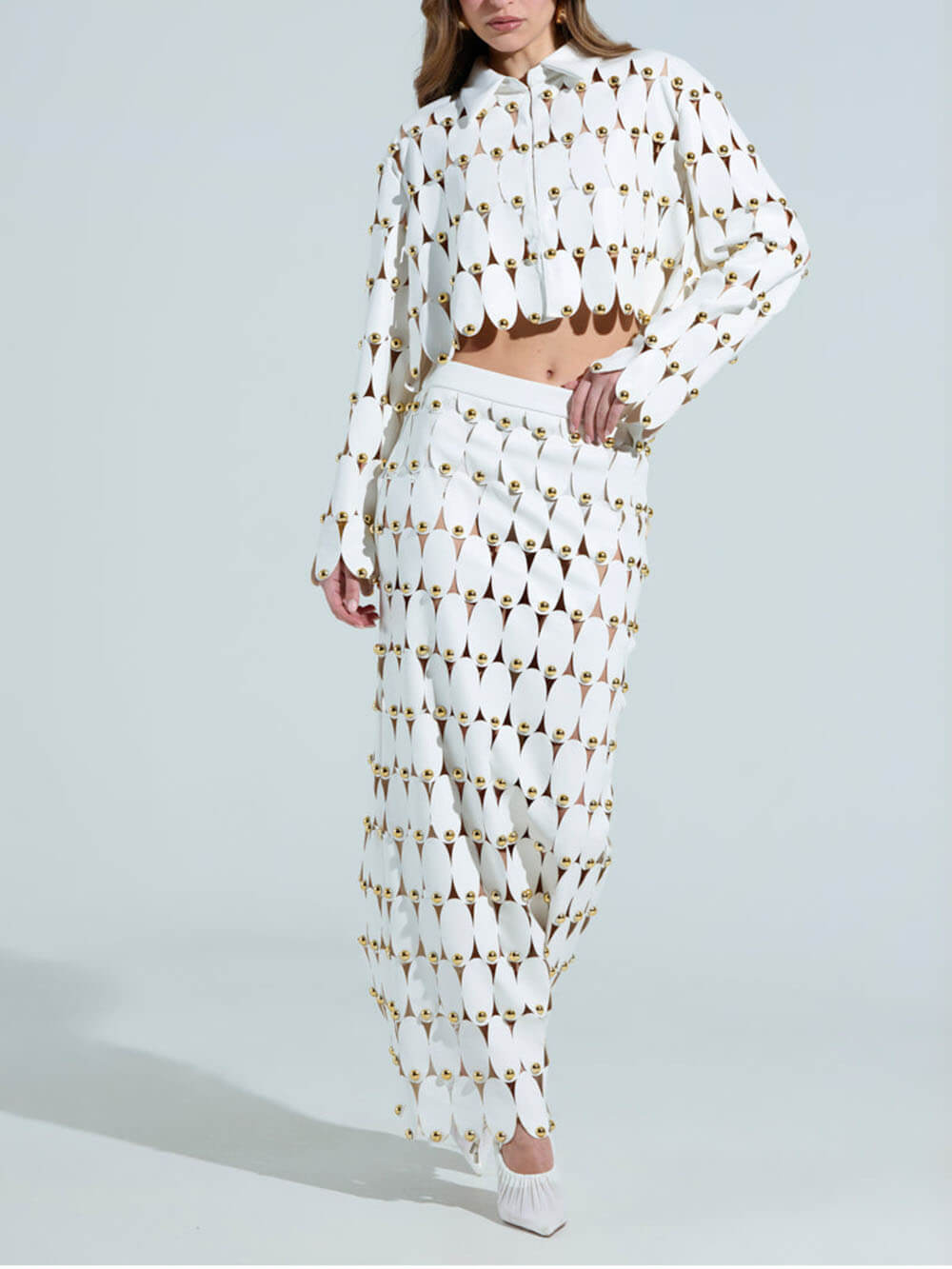 Exquisite Cut-Out Studded PU Cropped Cardigan Top And Maxi Skirt Set