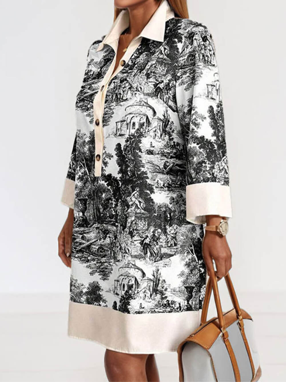 Elegant Oil Painting Pattern Contrast Print Loose Mini Dress