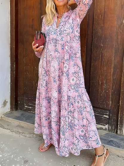 Fashionable Floral Print Loose V-Neck Holiday Maxi Dress