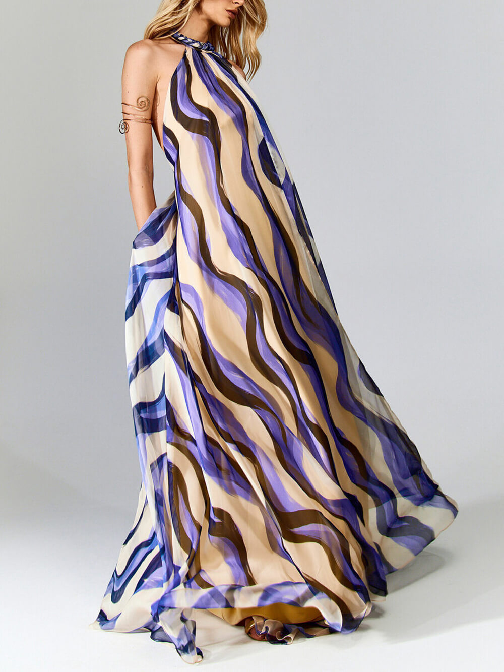 Elegant Vibrant Print Woven-Detail Backless Maxi Dress