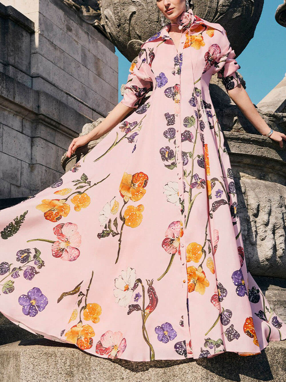 Exquisite Fashion Floral Print Button-Front A-Line Maxi Dress