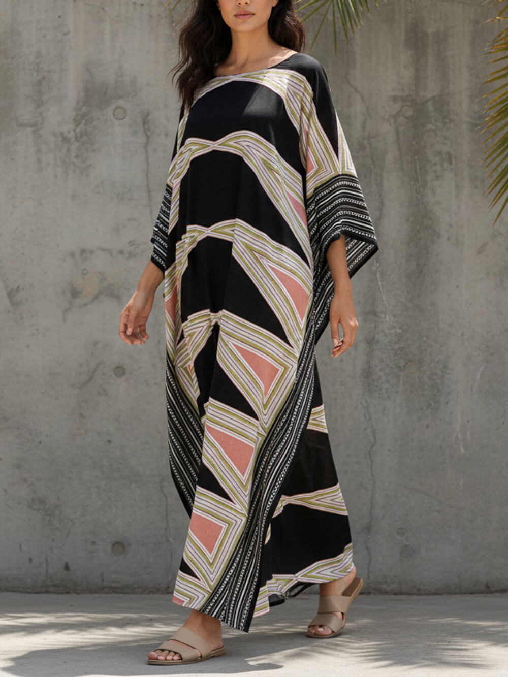 Retro Puzzle Print Kimono Beach Maxi Dress