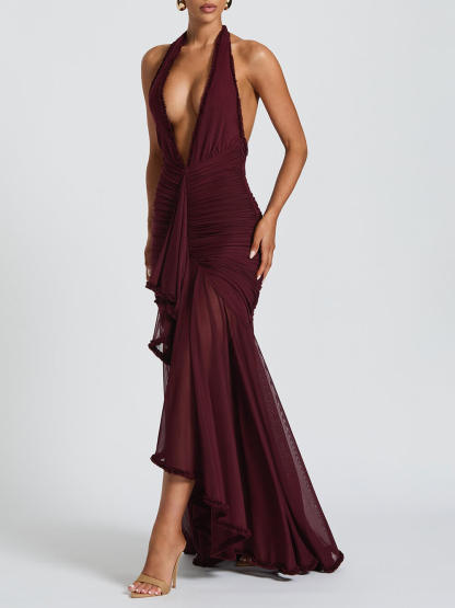 Elegant Lace-Trimmed Halter Deep V Evening Gown Maxi Dress