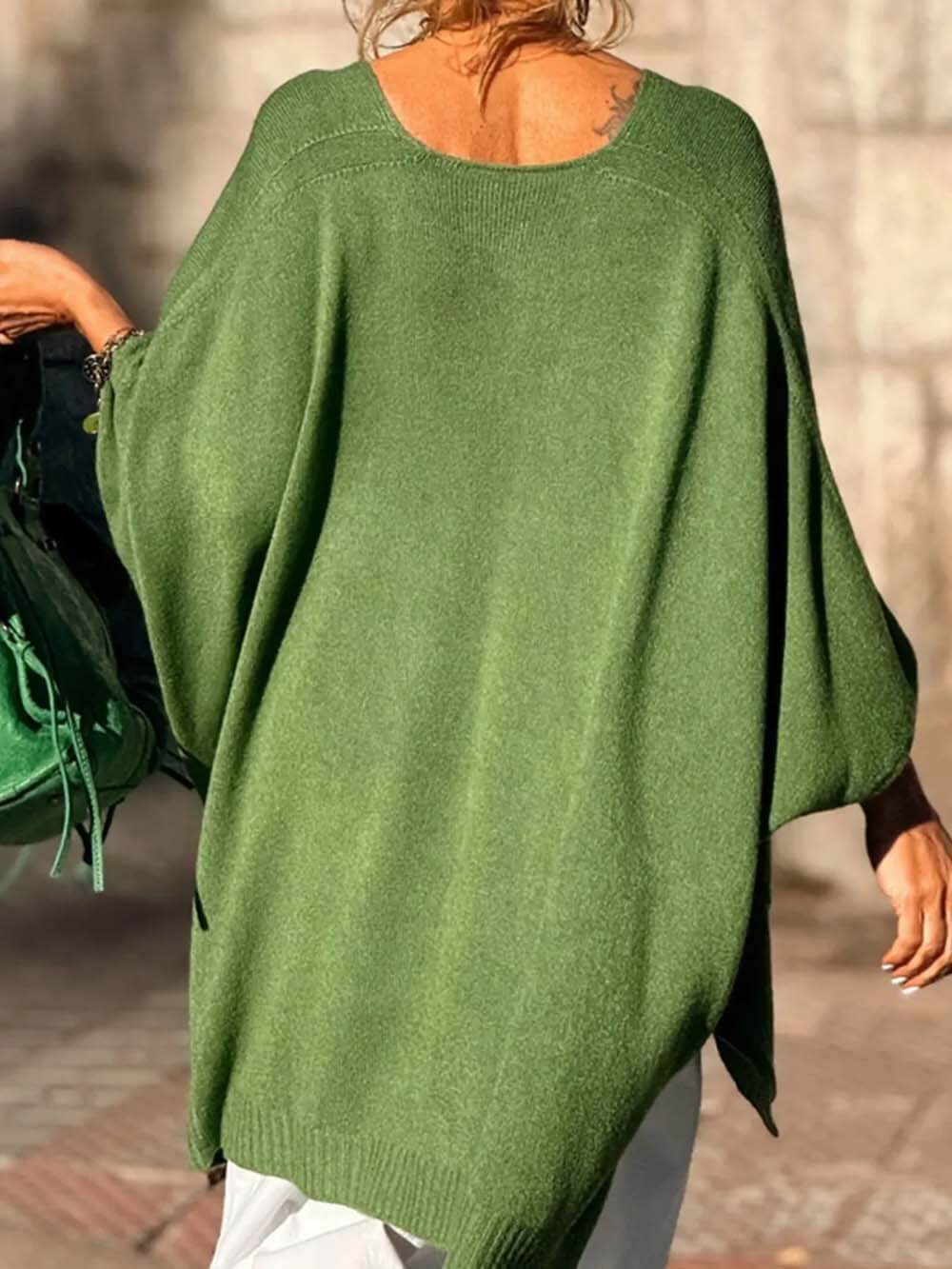 Classic Fashion V-neck Loose Pocket Mid-length Knitted Sweater