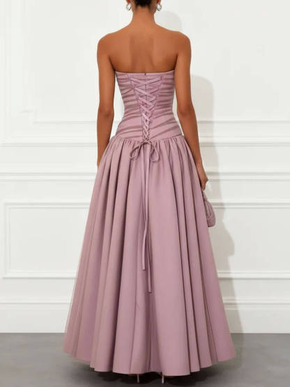 Exquisite Rhinestones Mesh Satin Strapless Sleeveless A-Line Maxi Dress