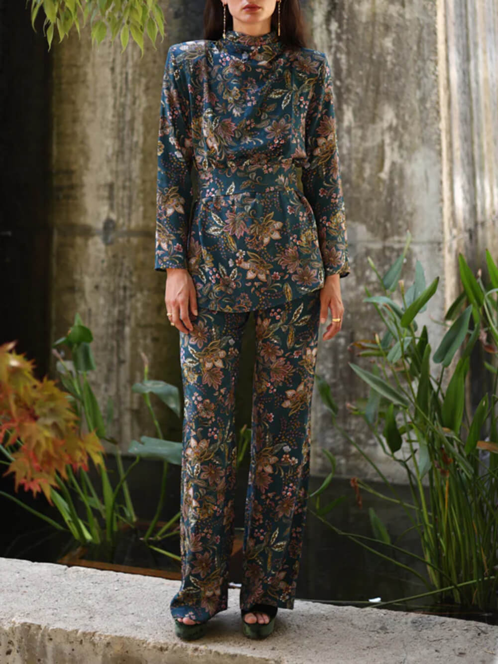 Retro Unique Floral Print Elastic Waist Pocket Pants