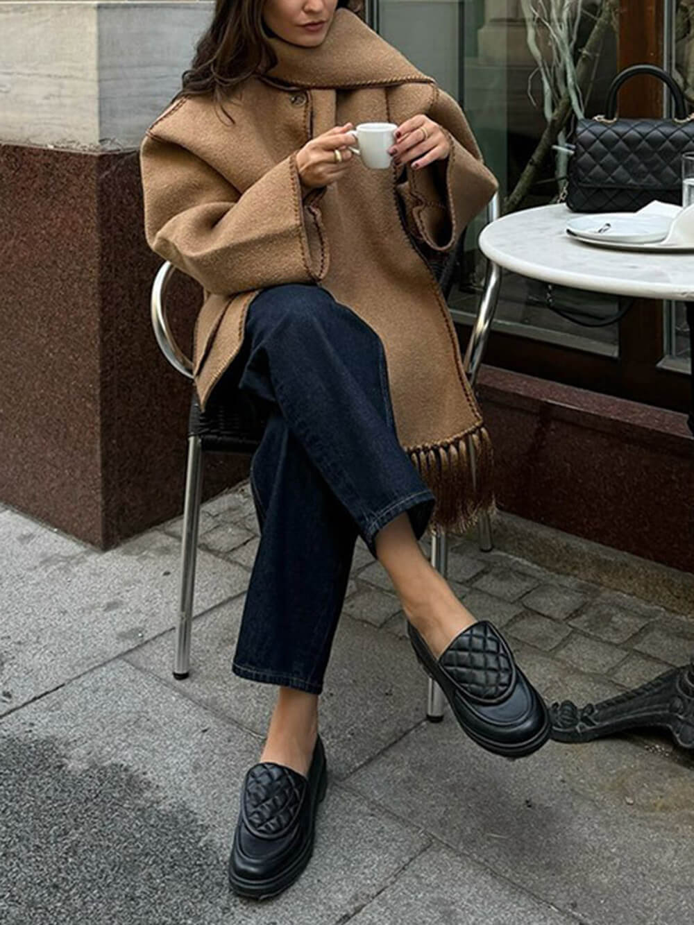 Fashion Solid Color Scarf-Neck Wool Short Coat