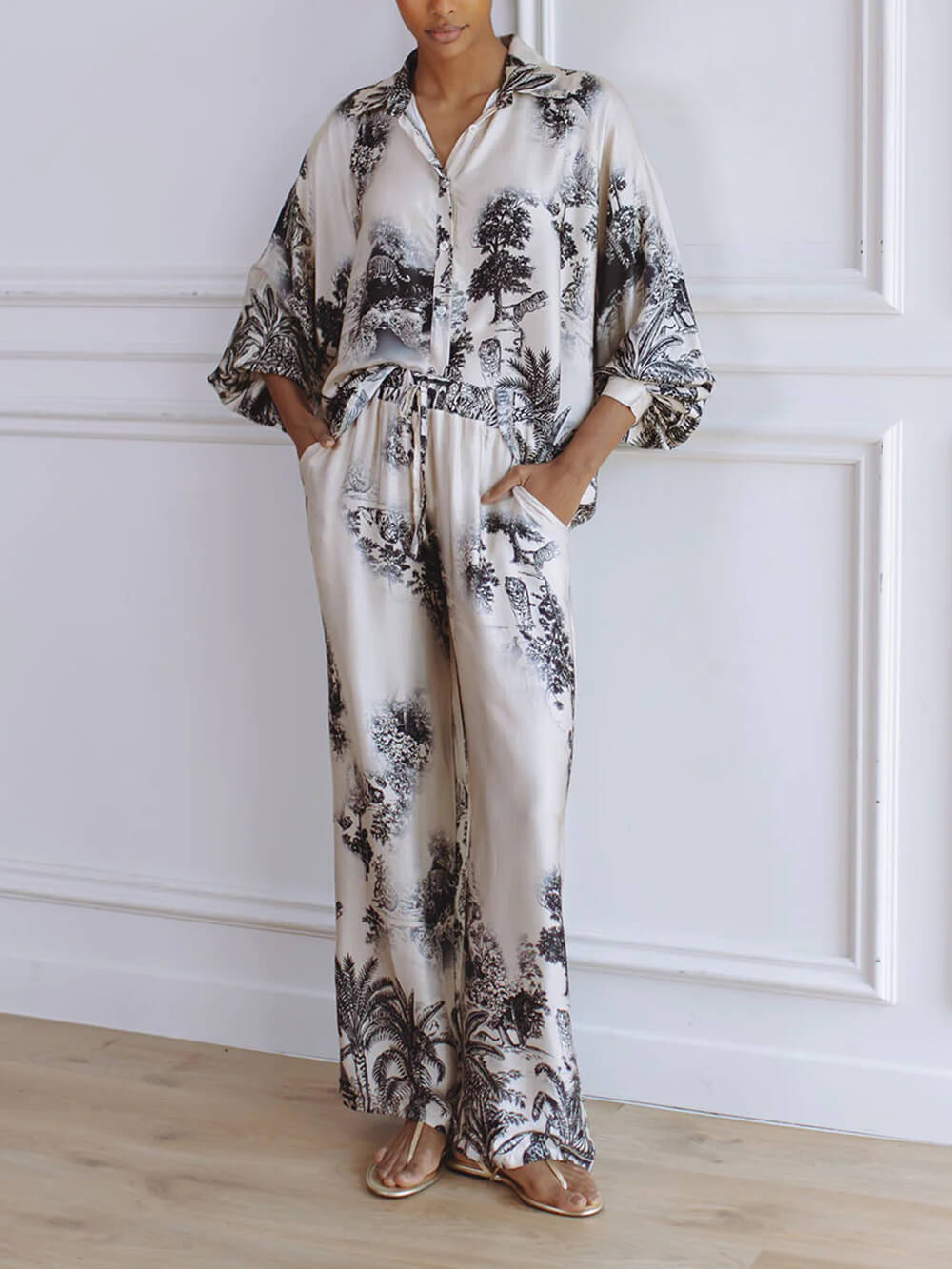 Unique Floral Print Loose Top And Elastic Waist Wide Leg Pants Set