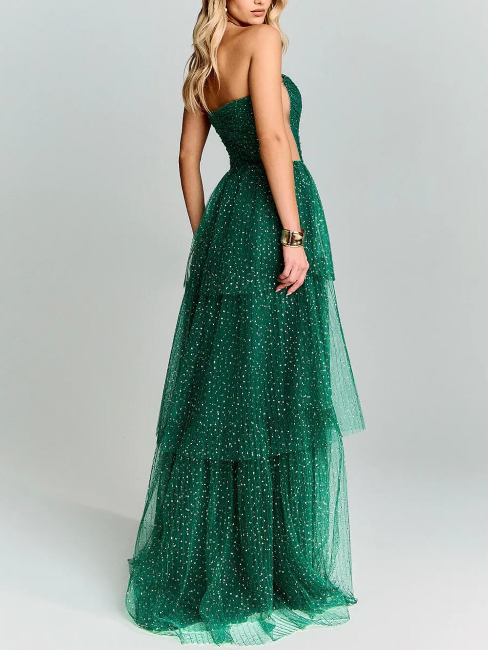 Elegant Green Polka Dot Layered Tulle Party Maxi Dress