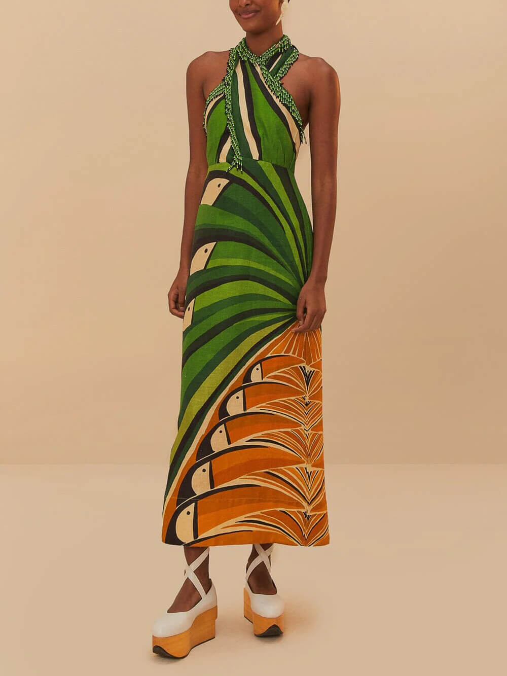 Unique Fringe Patchwork Toucan Tree Print Lace-Up Maxi Dress