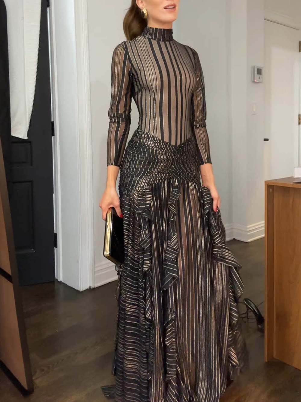 Exquisite Floral Print Ruffle Panel Slit Maxi Dress