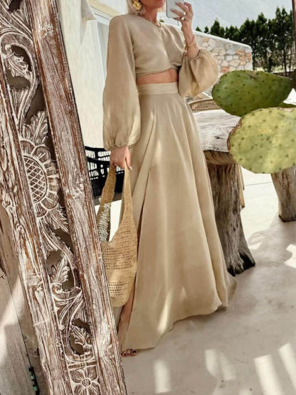 Bohemian Lantern Sleeve Tie-Front Top And High-Waisted Skirt Set