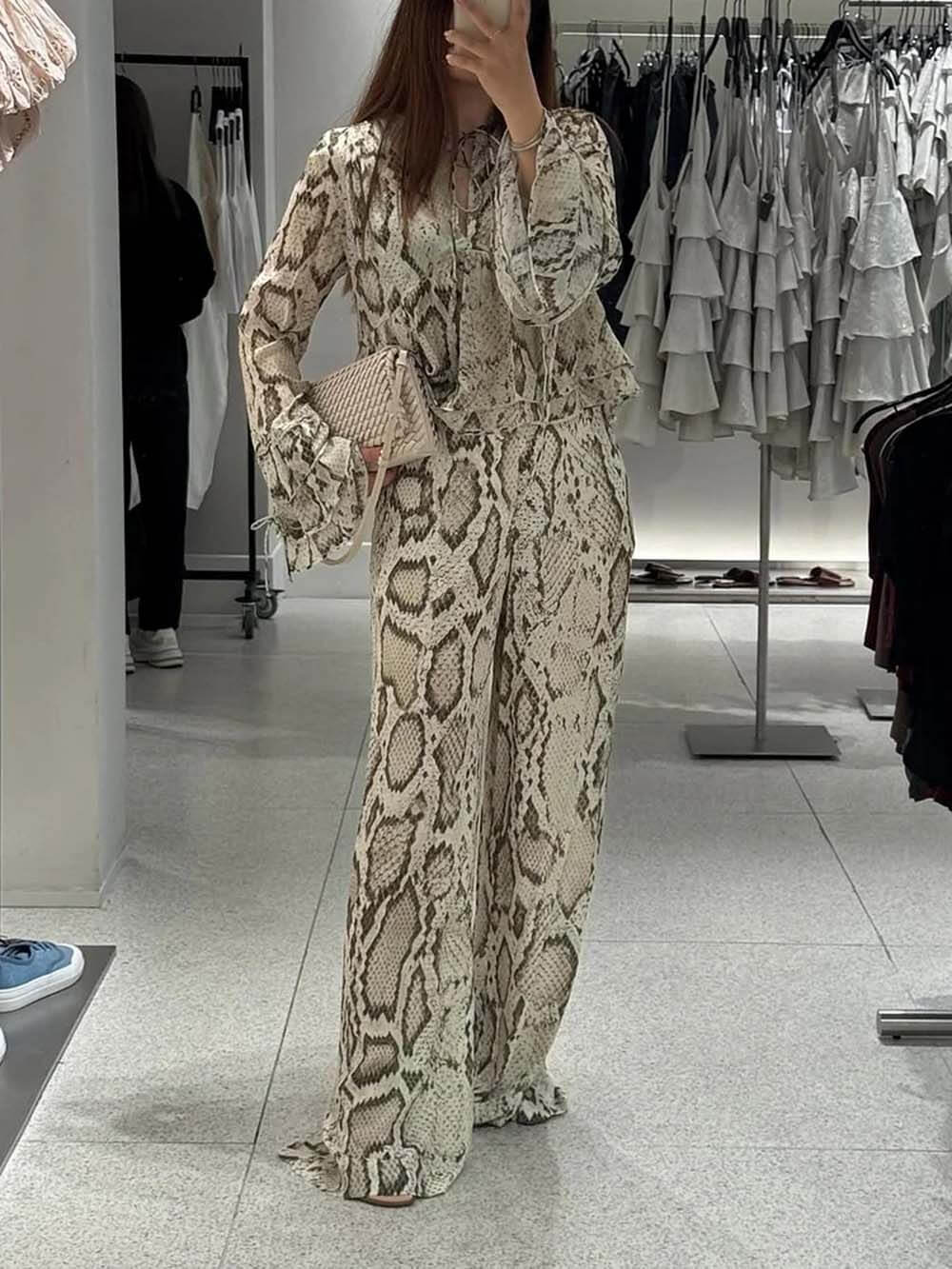 Unique Snake Print Wide-Leg Pants