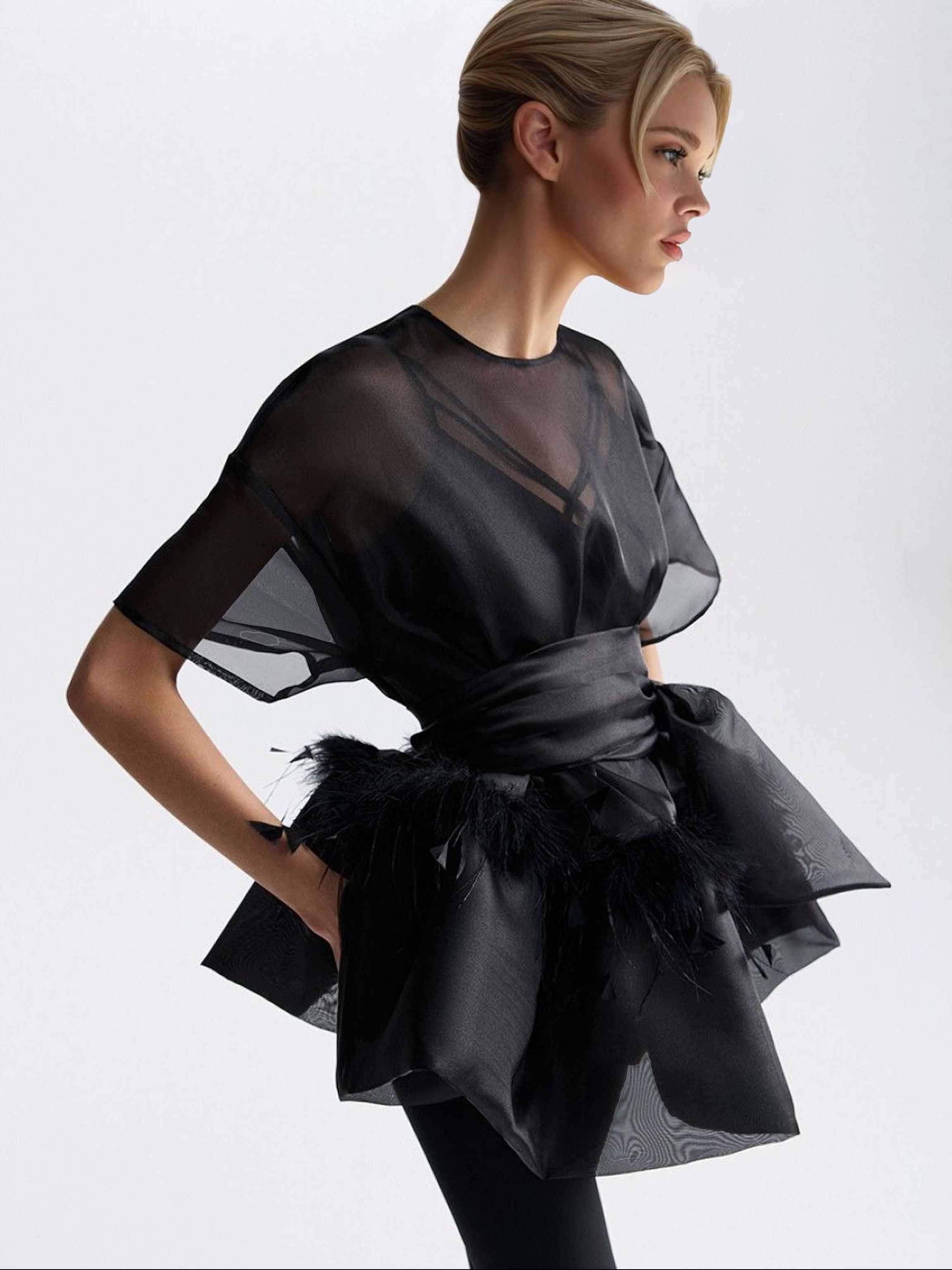 Elegant Feather Organza Top Two-Piece Set