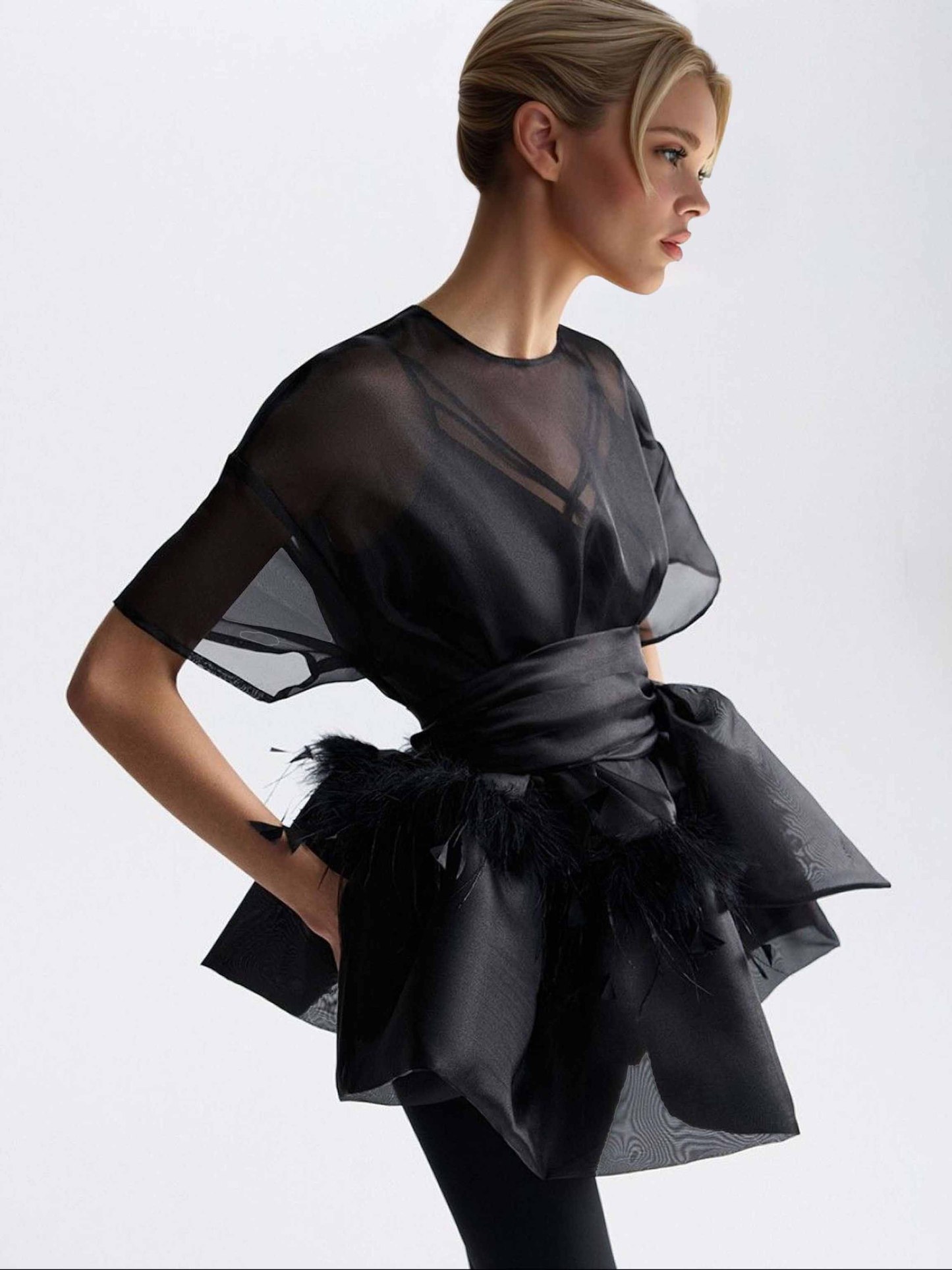 Elegant Feather Organza Top Two-Piece Set
