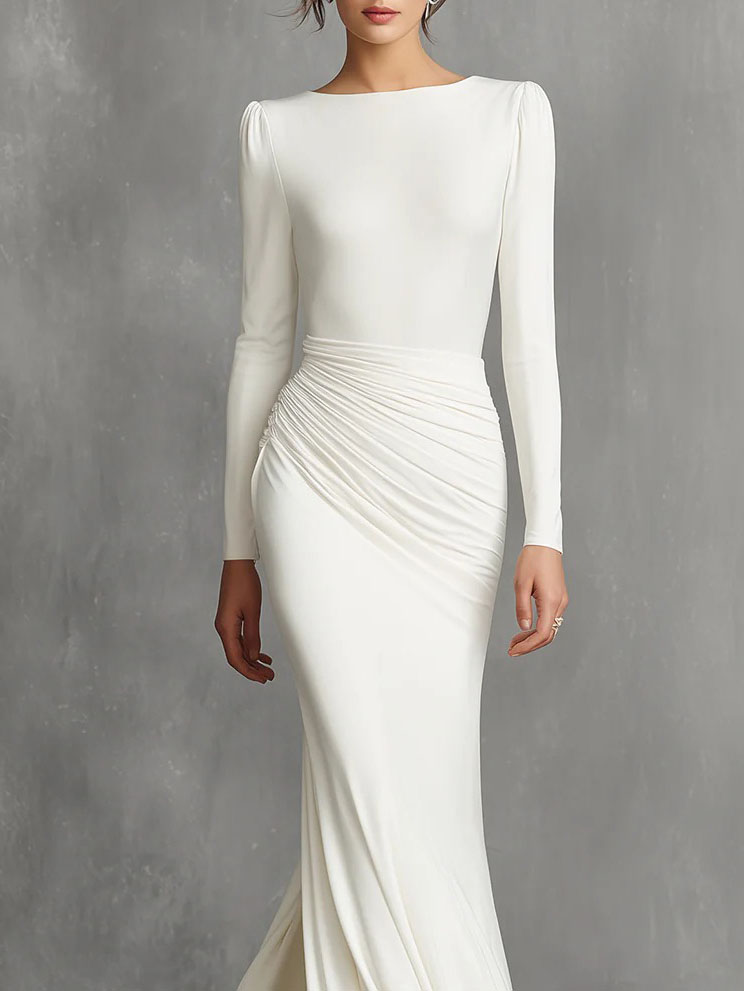 Minimalist pleated long-sleeved maxi dress