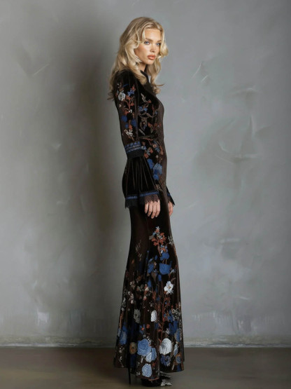 Elegant Velvet Floral Print Lace Flared Sleeve Fishtail Maxi Dress