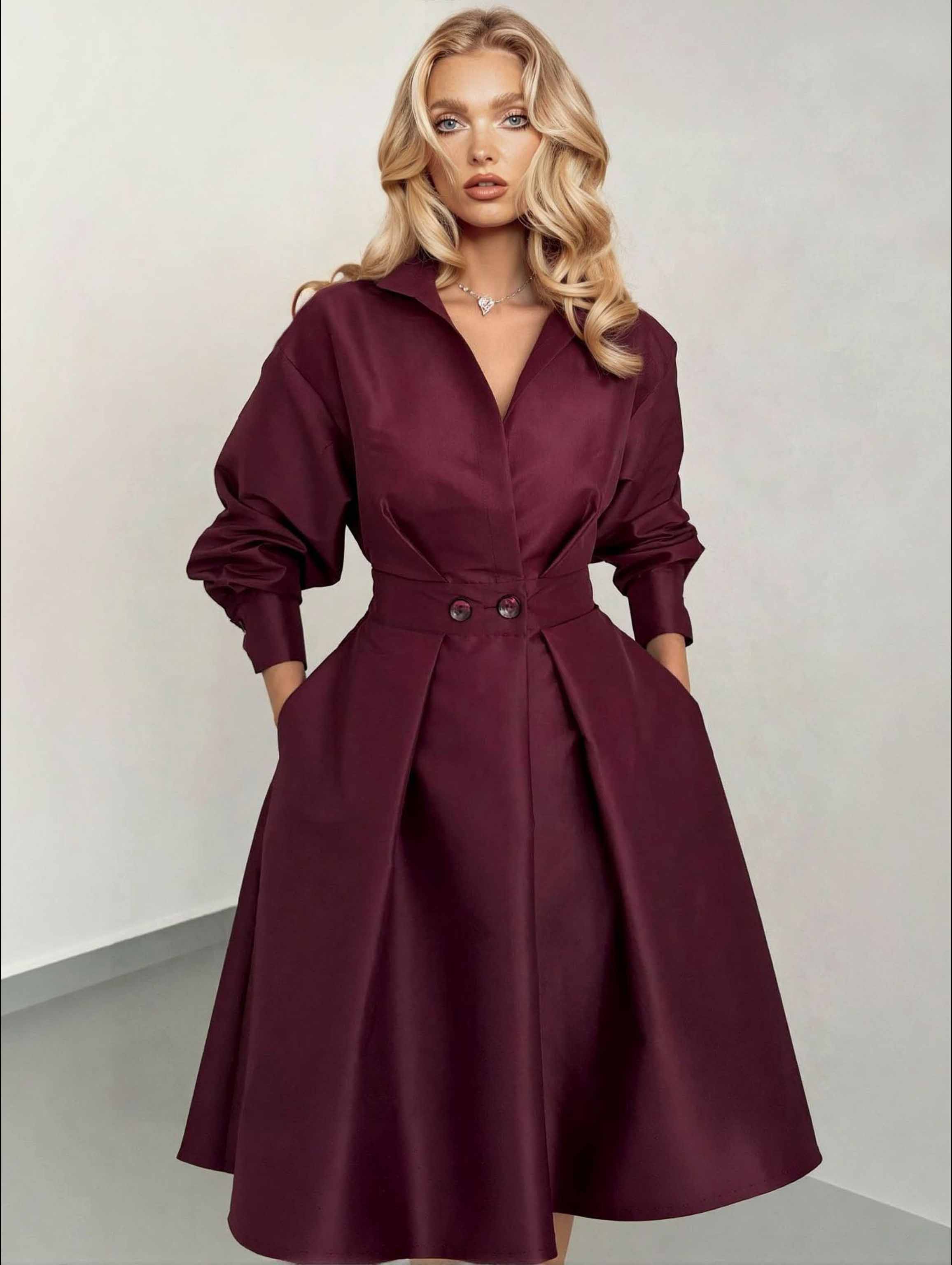 Elegant Collared Long-Sleeve A-Line Midi Dress