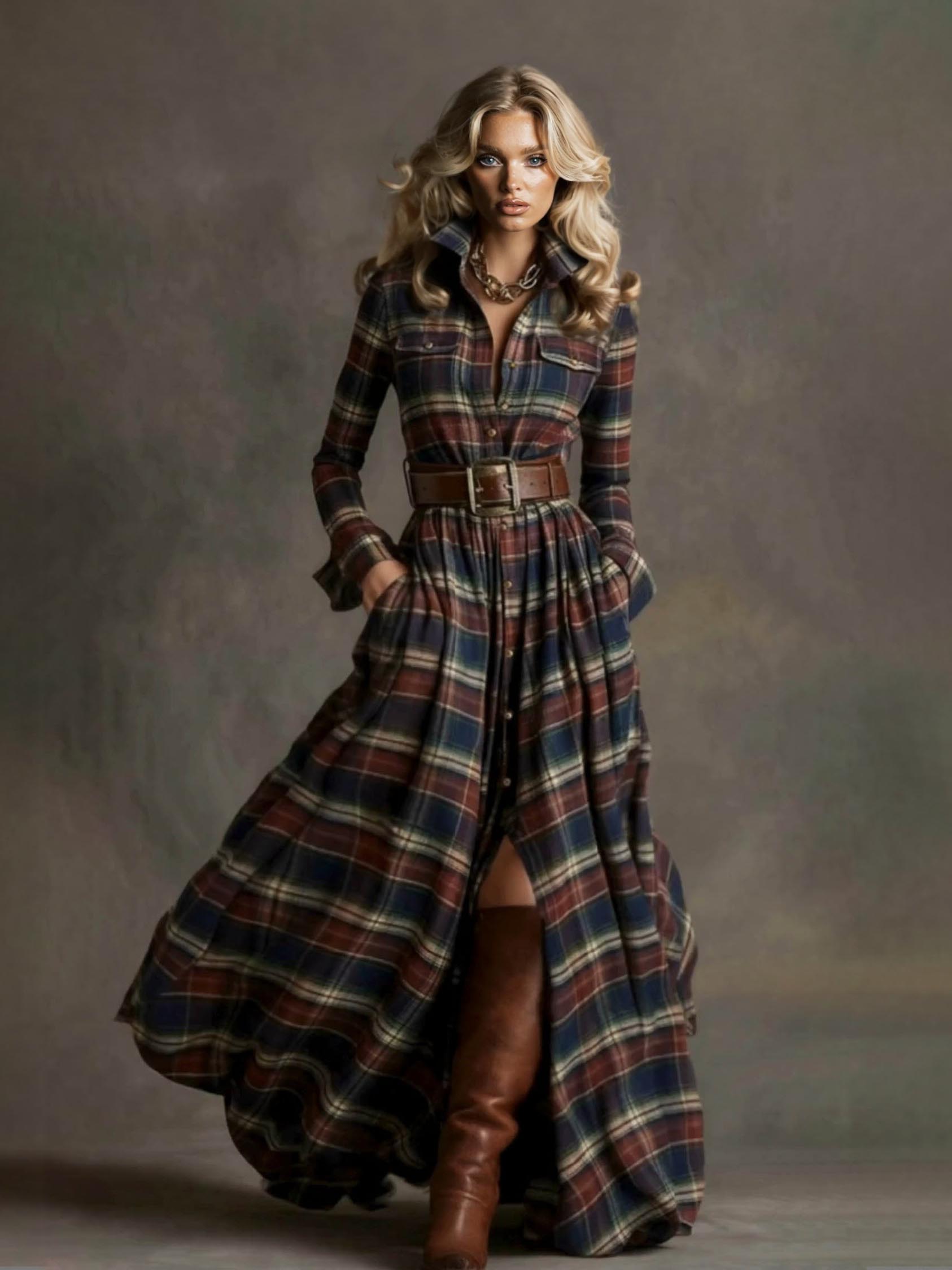 Retro-style Collared Colorful Plaid Maxi Dress