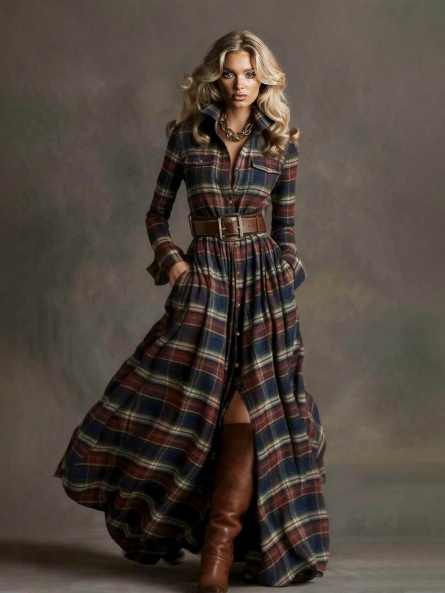 Retro-style Collared Colorful Plaid Maxi Dress