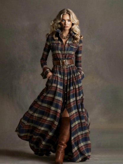 Retro-style Collared Colorful Plaid Maxi Dress