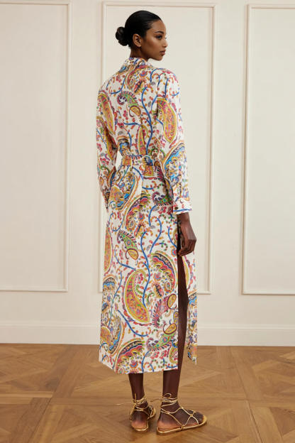 Unique Casual Tie-Waist Paisley Print Midi Shirt Dress