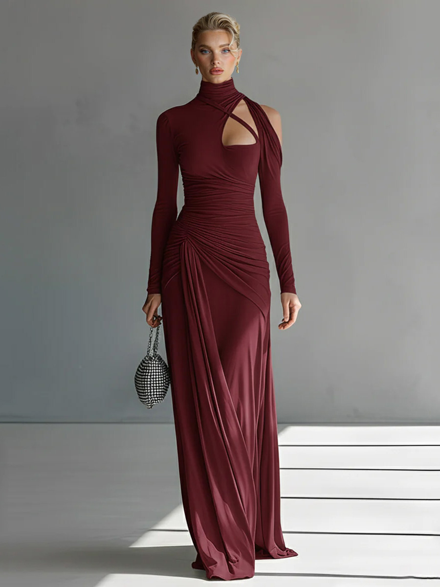 Casual Silky Stretch Pleated Cutout Maxi Dress