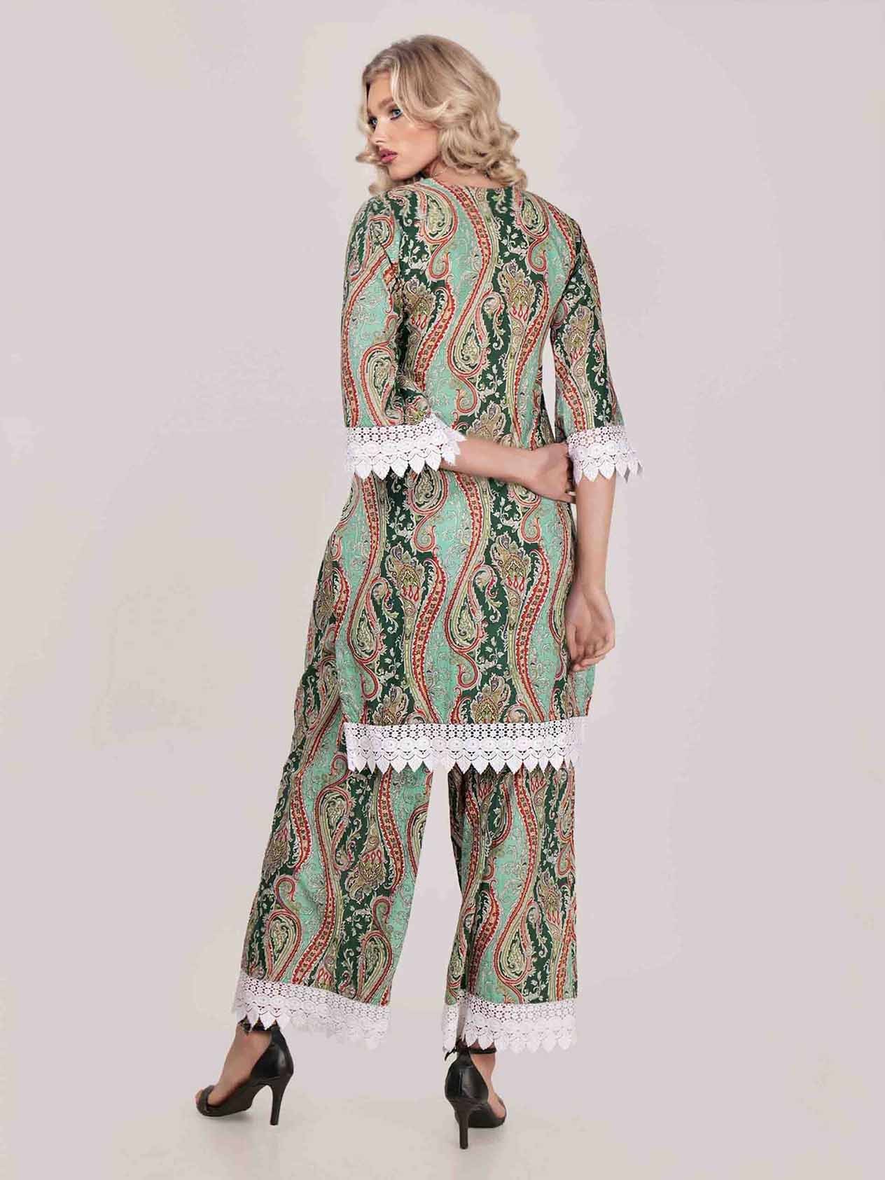 Elegant Paisley Print Lace-trimmed Long Shirt