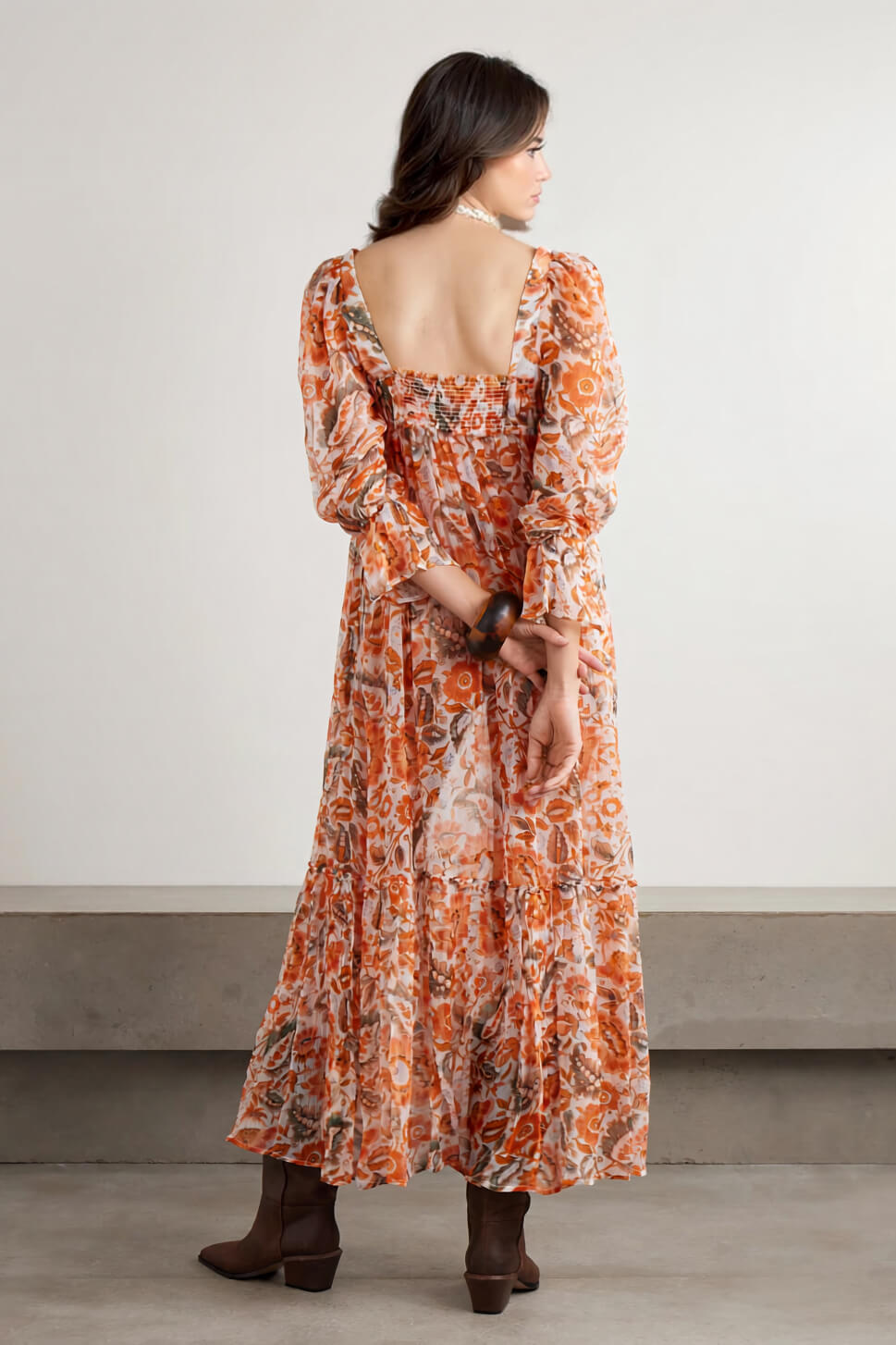 Elegant Casual Floral Ruched Ruffle Chiffon Midi Dress