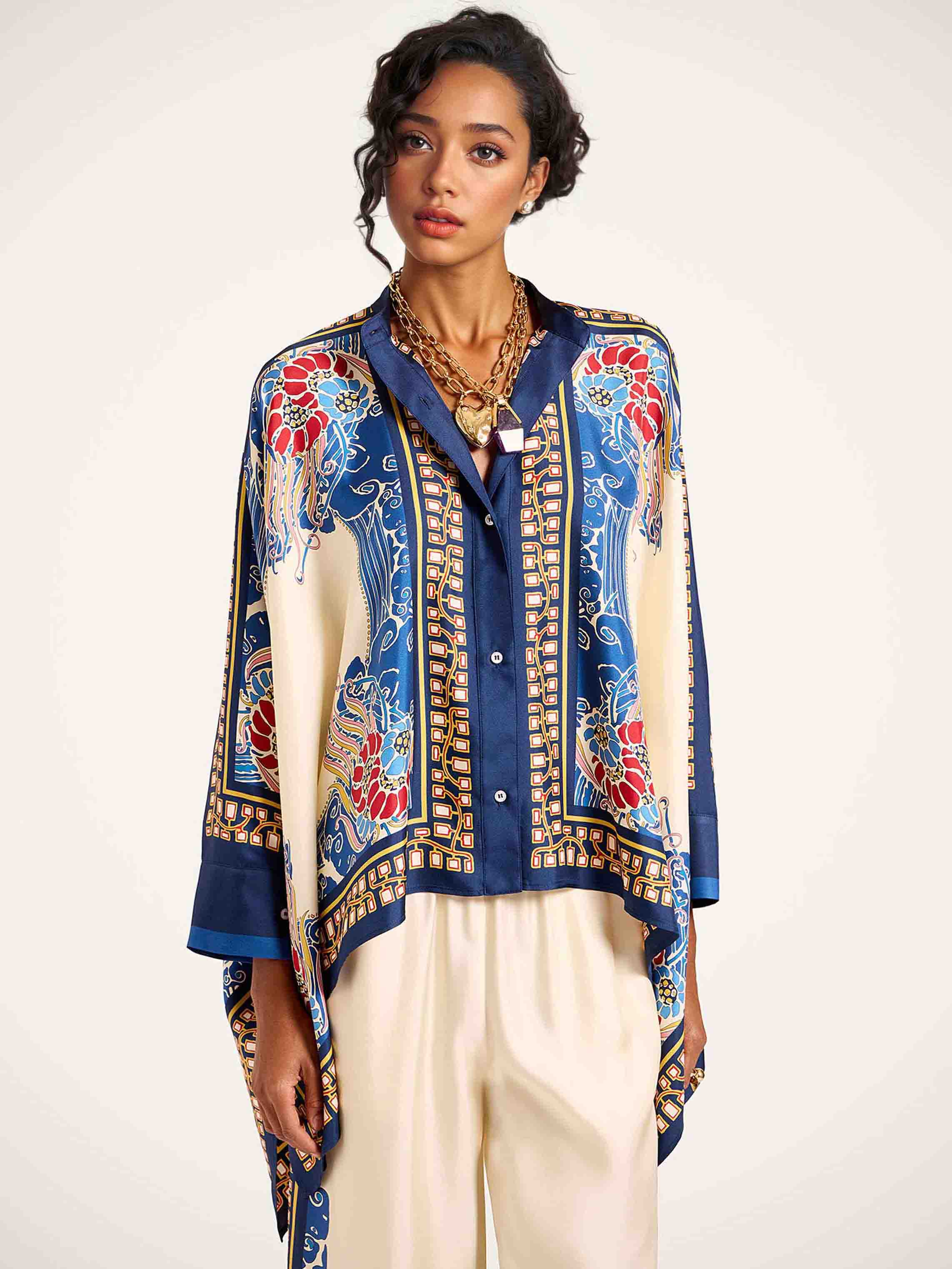 Elegant Bohemian Print Draped Kimono Shirt