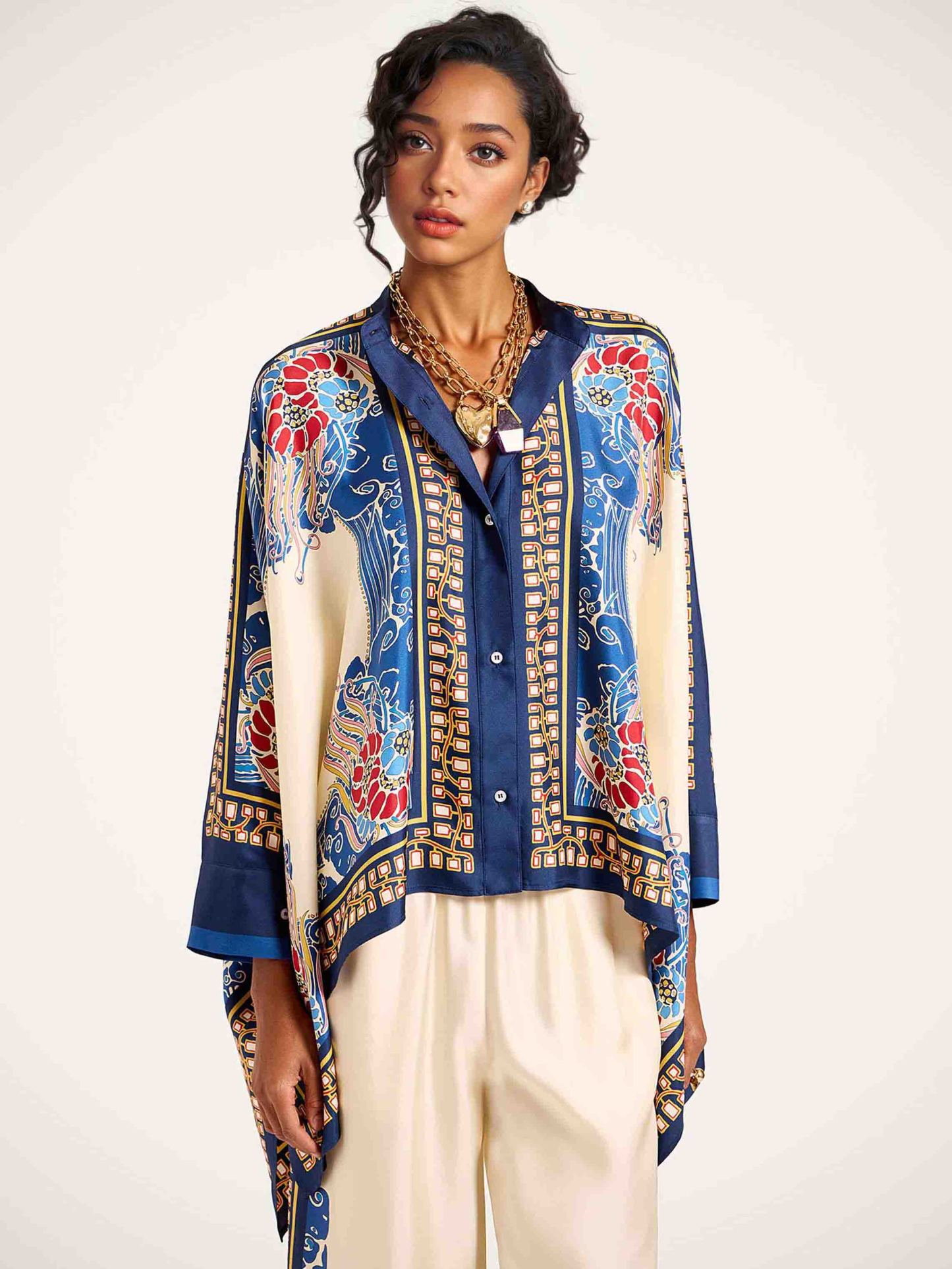 Elegant Bohemian Print Draped Kimono Shirt