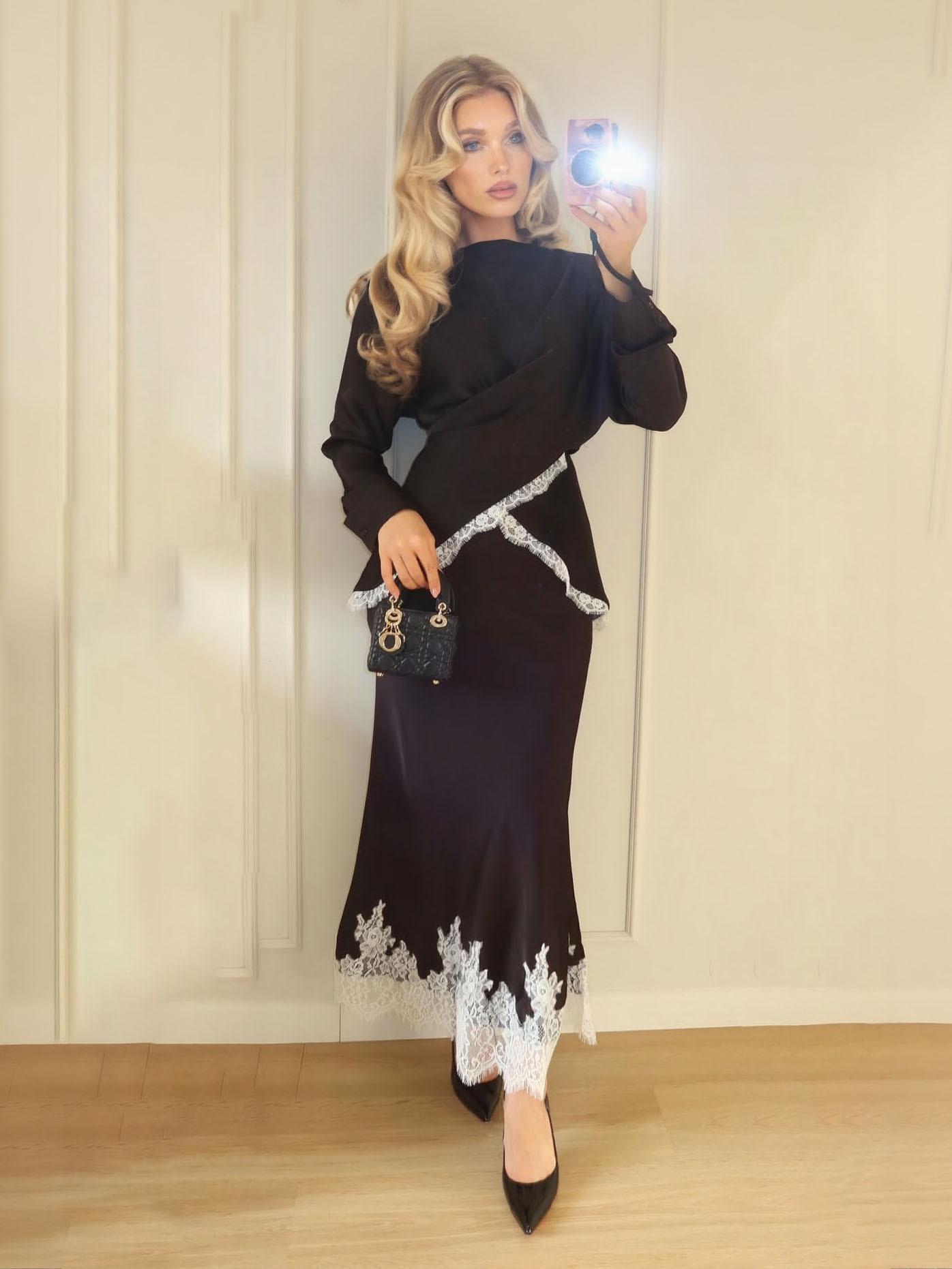 Elegant Satin Lace-trimmed Wrap Top Two-piece Set