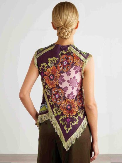 Unique Retro Floral Print Tassel Vest Two-Piece Set