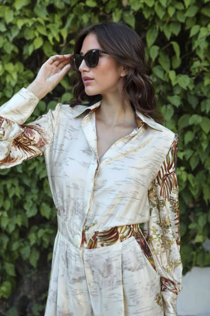 Elegant Palm Print Satin Elastic Waist Pocket Wide-Leg Jumpsuit