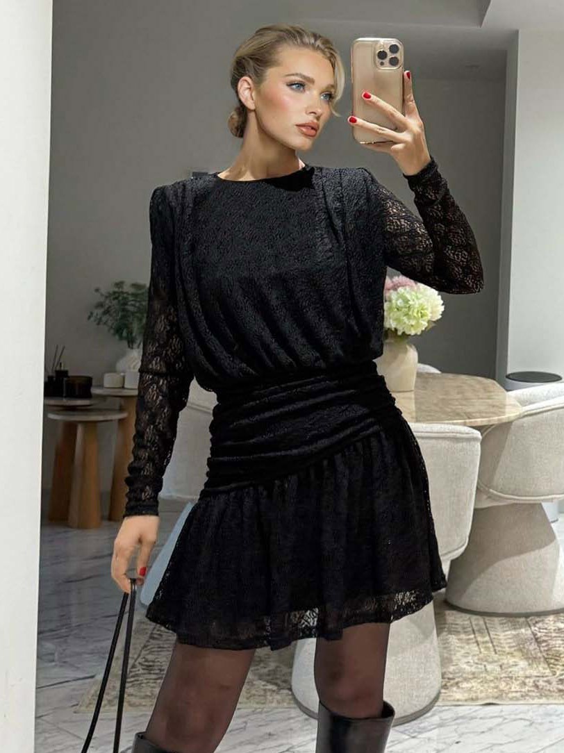 Elegant Long-sleeved Lace-textured Mini Dress