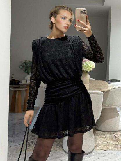 Elegant Long-sleeved Lace-textured Mini Dress