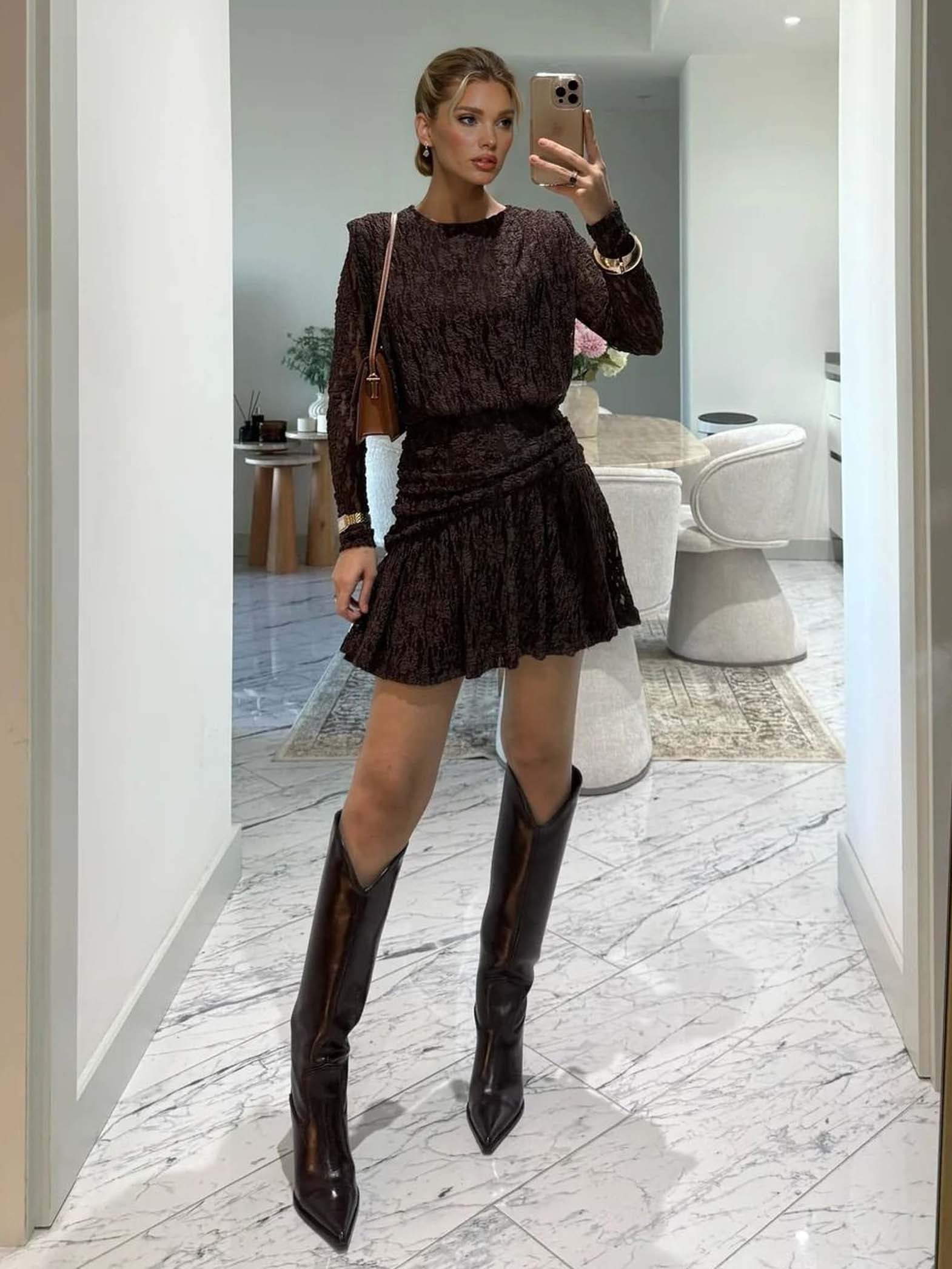 Elegant Long-sleeved Lace-textured Mini Dress