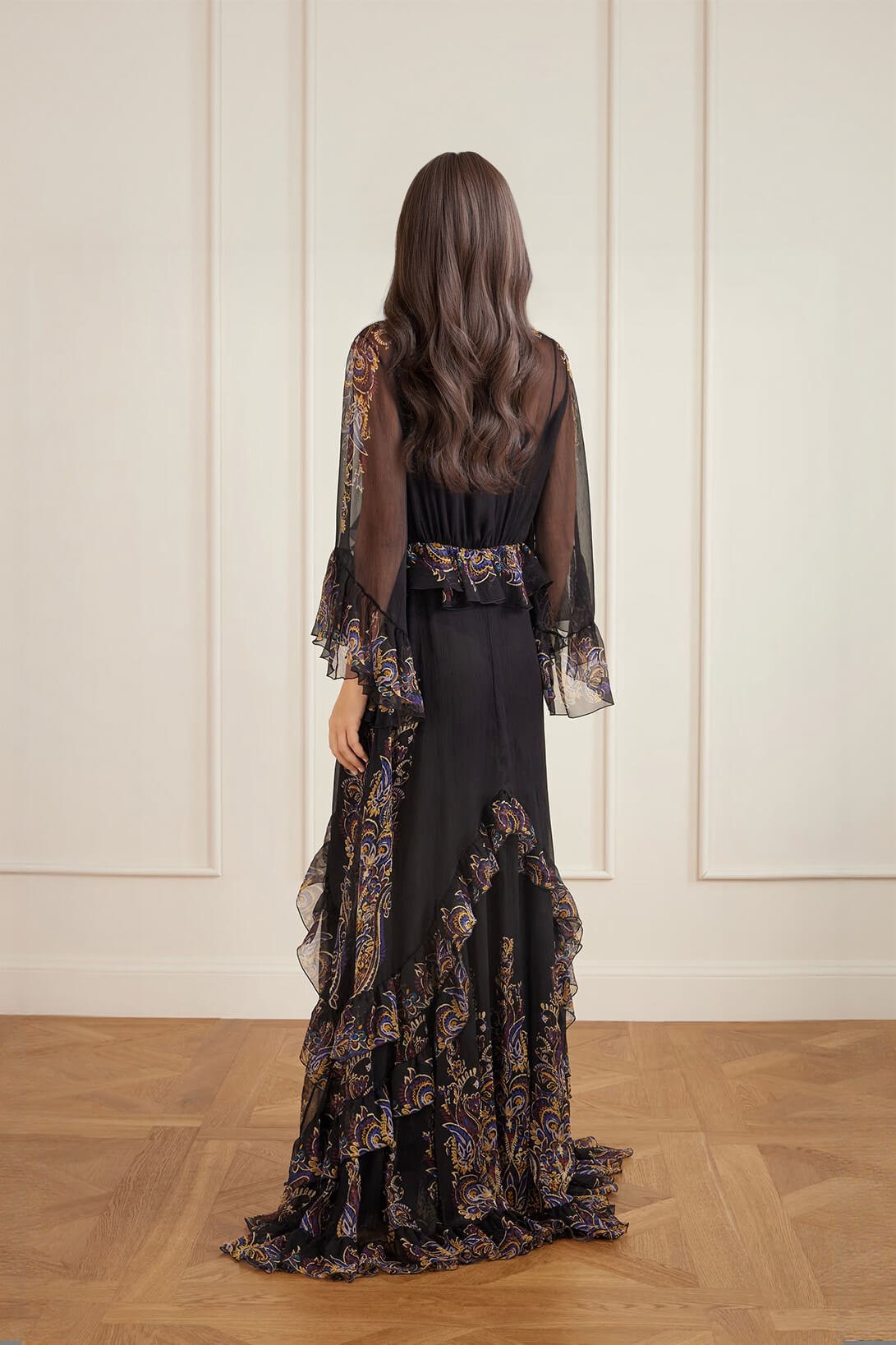 Retro Ruffled Paisley Print Chiffon Maxi Dress