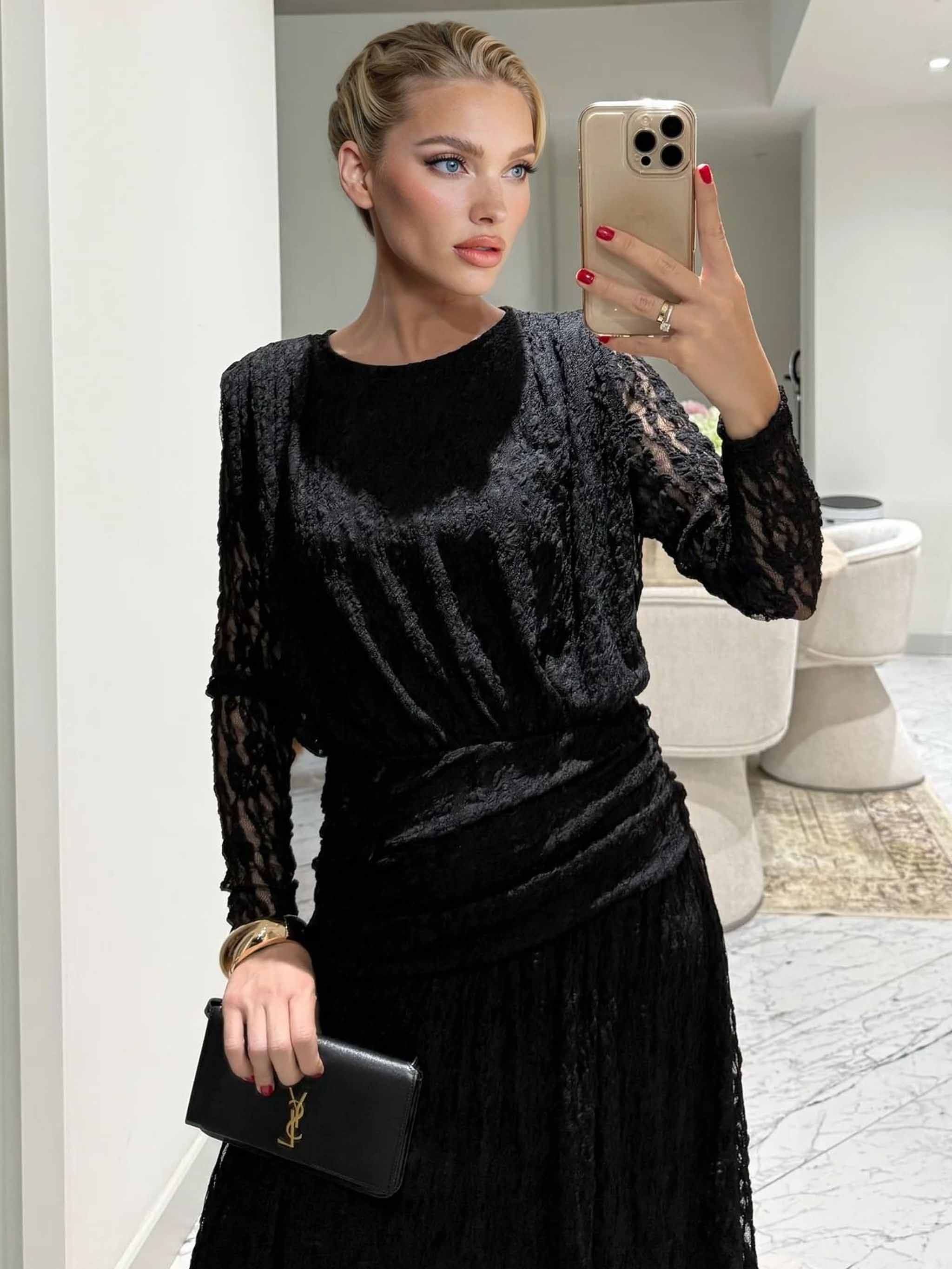 Elegant Long-Sleeve Lace-Textured Maxi Dress
