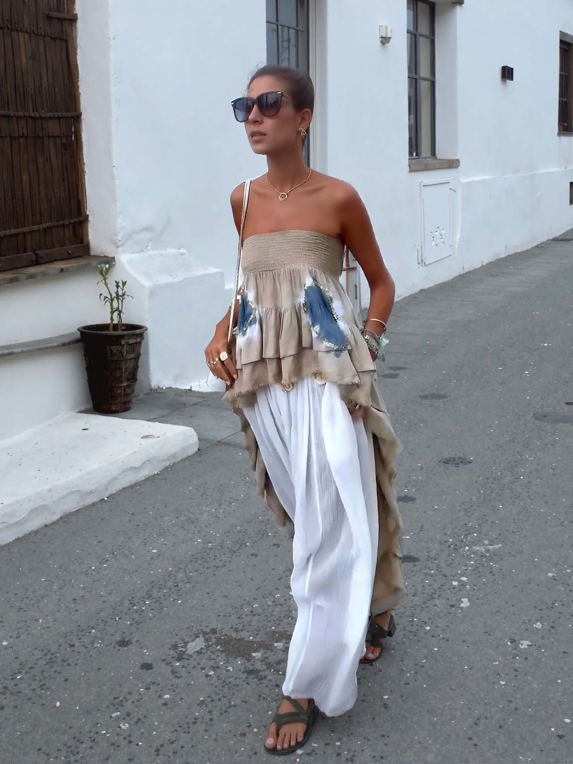 Bohemian Style Layered Ruffled Strapless Two-piece Set