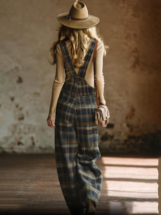 Casual Retro Plaid Wide-leg Overalls