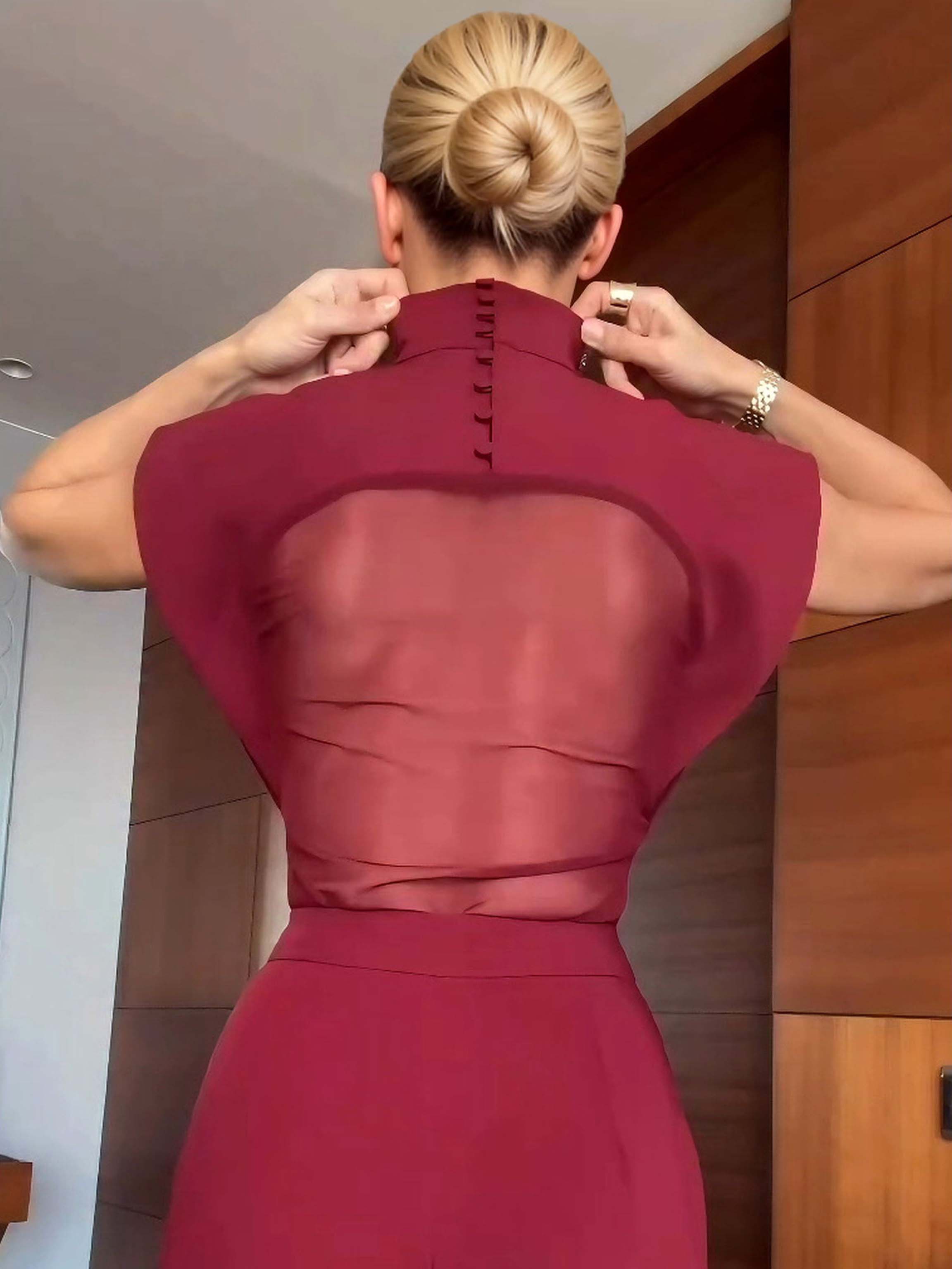 Elegant High-Neck Mesh Panel Top & Slit Pants Two-Piece Set