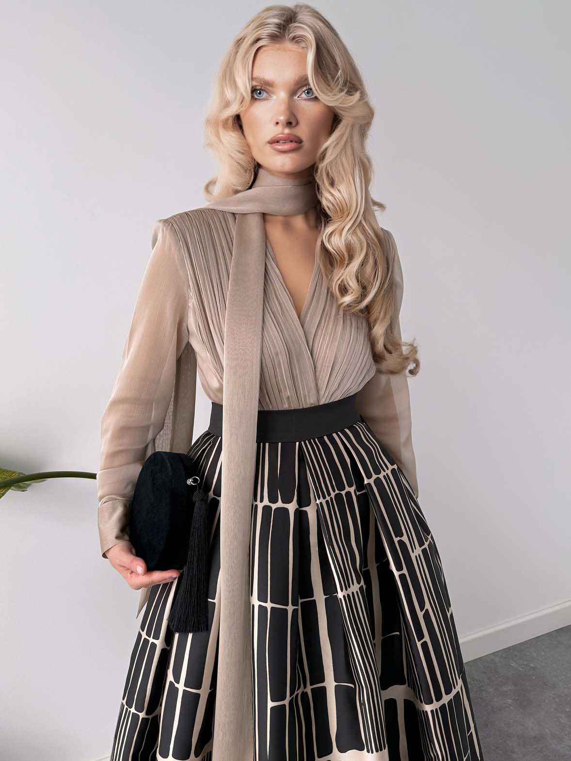 Elegant Satin Printed A-line Skirt Two-piece Set