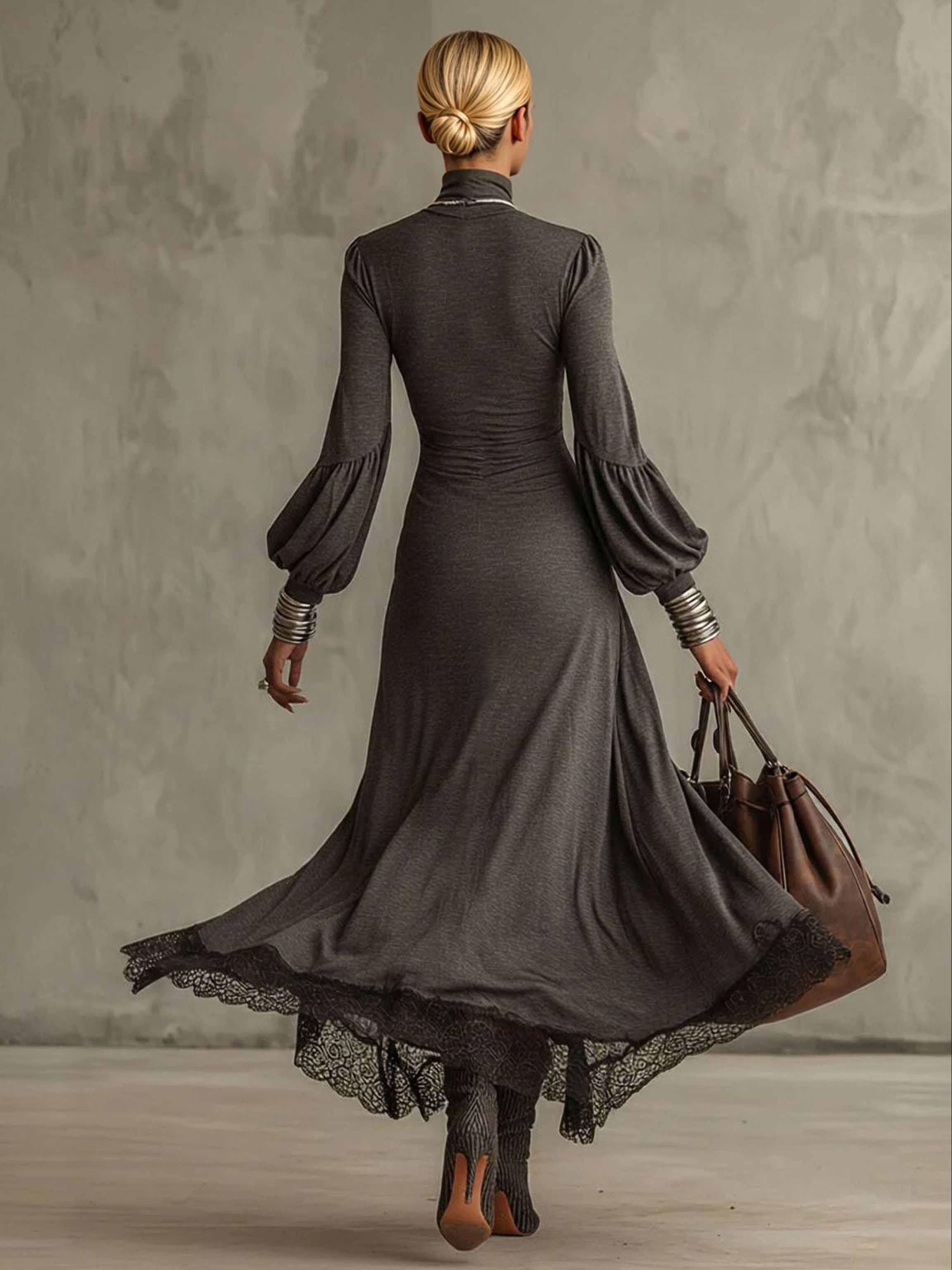 Elegant Puff-sleeved Knitted Lace Maxi Dress